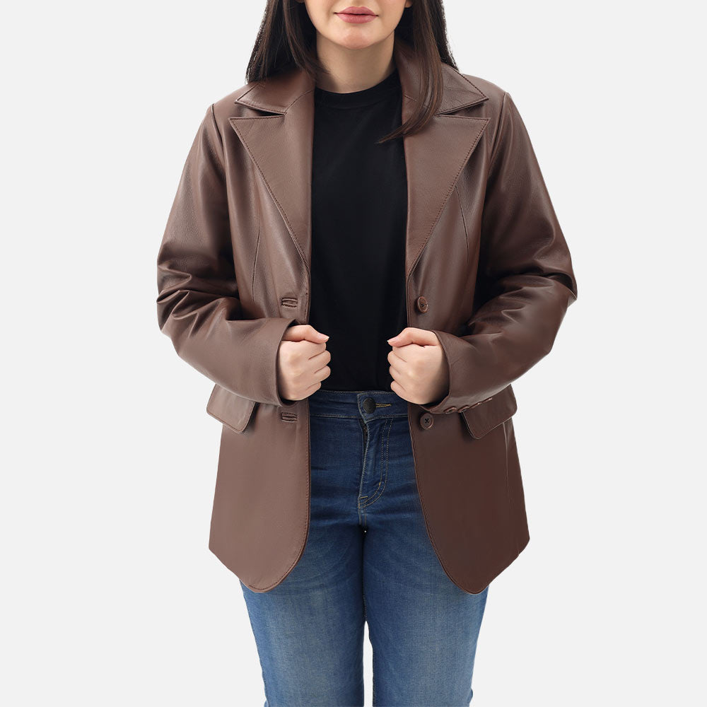 Vento Brown Leather Blazer opennn