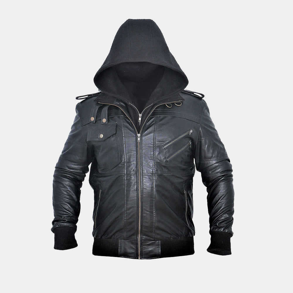 Black Hooded Leather Jacket 