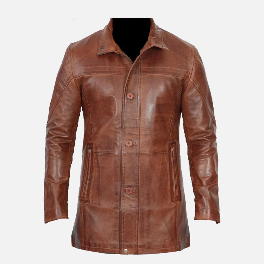 Men’s 3/4 Length Cognac Waxed Leather Coat | Car Coat