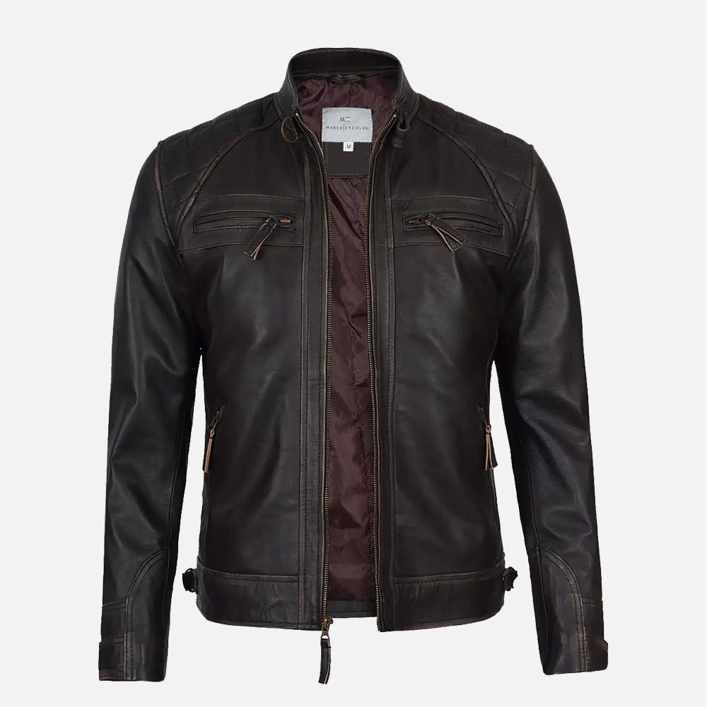 Claude Mens Dark Brown Quilted Biker Leather Jacket