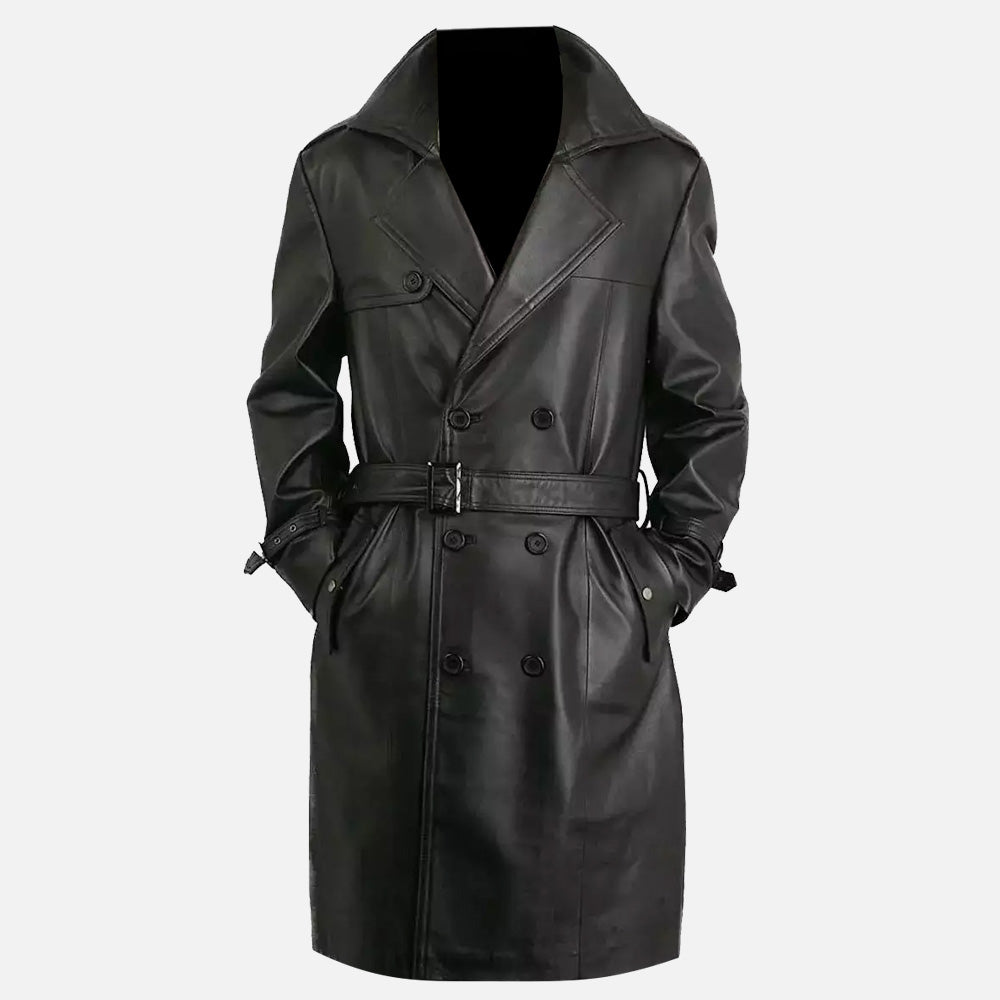 Mens Premium Double-Breasted Black Lambskin Leather Coat