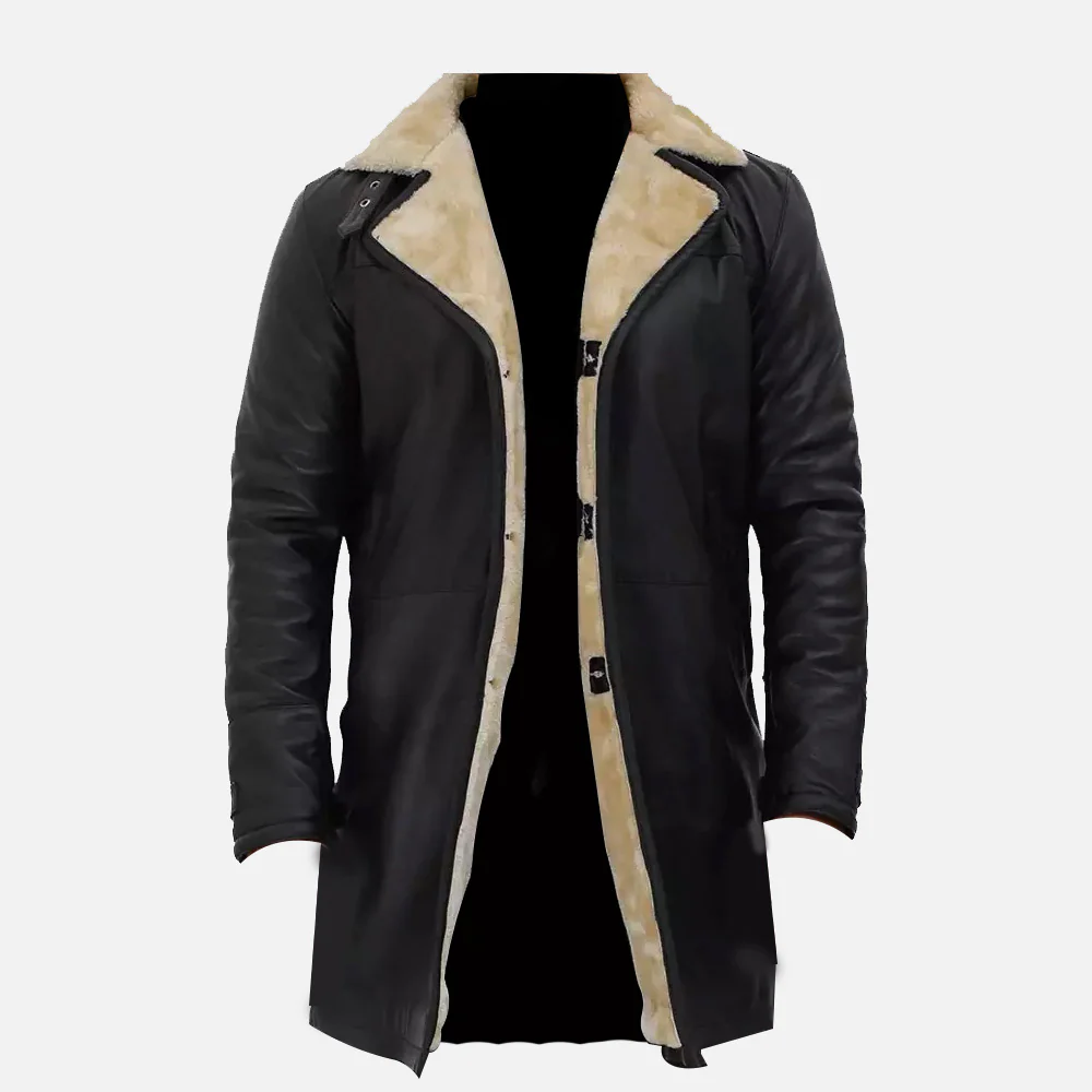 Men's Black 3/4 Length Shearling Leather Coat