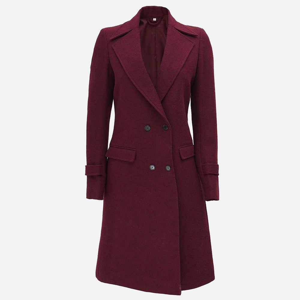 Women’s Double Breasted Maroon Wool Coat | Winter Wrap Long Coat